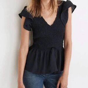 Madewell V-neck Flutter Sleeve Smocked Top Textured Chiffon Navy Blue Size L